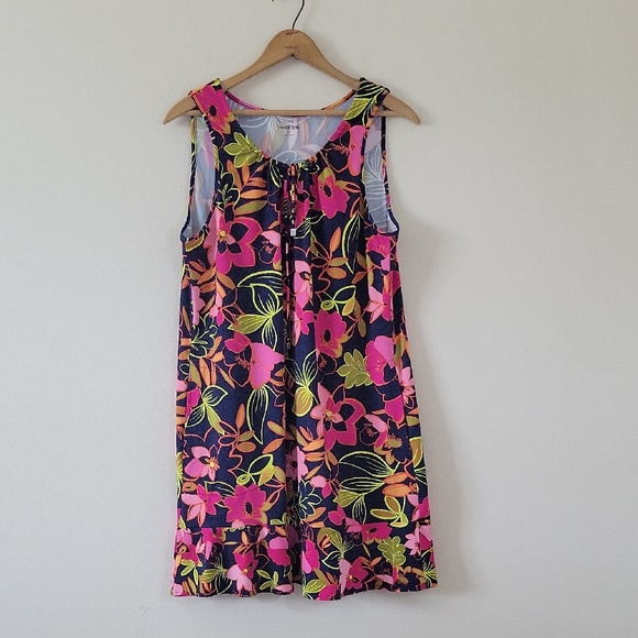 Lands' End Navy Pink Tropical Floral Sleeveless Dress Size Large 14/16 - Picture 1 of 8